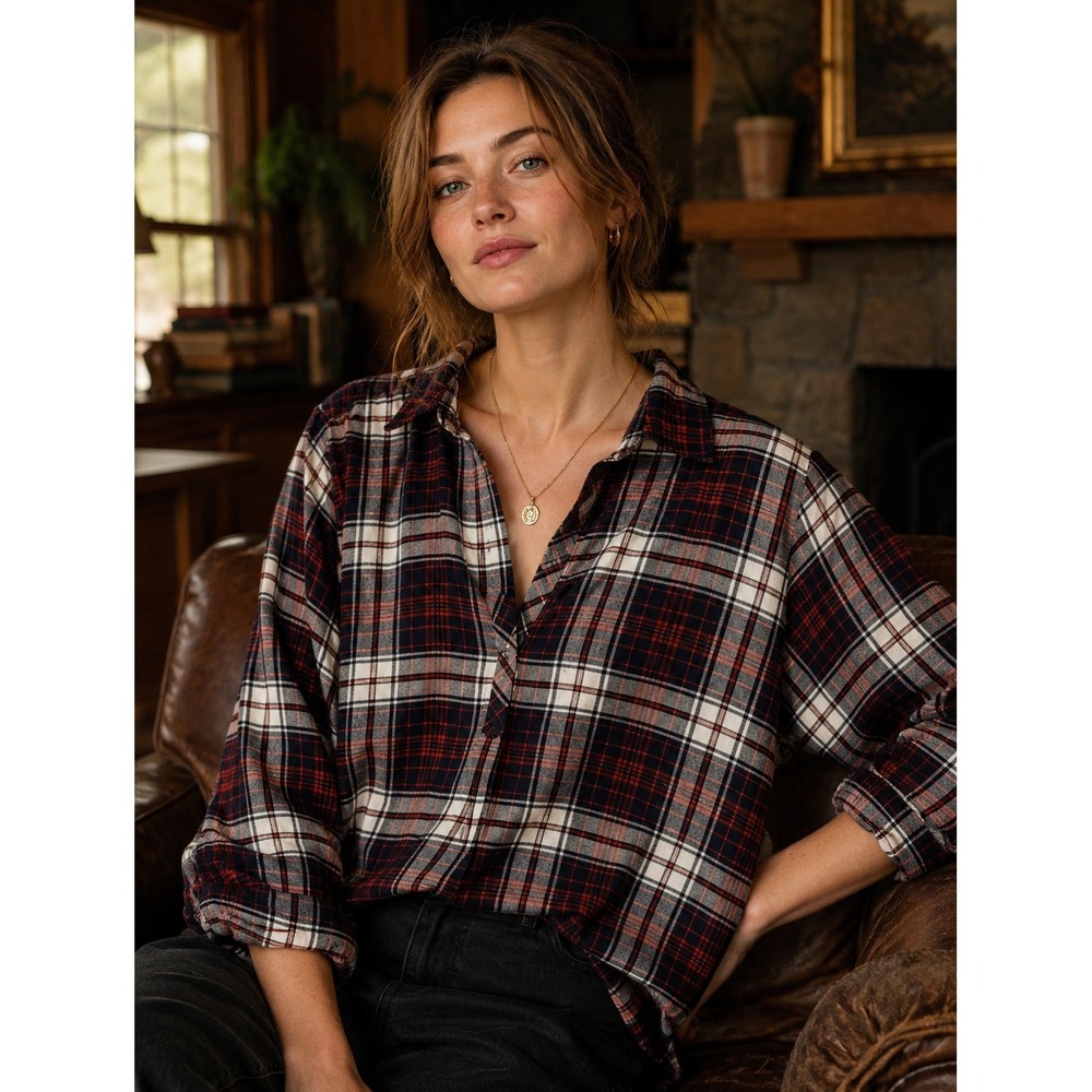 GAP Womens Large Plaid Tunic Top Navy Red White Oversized Flannel Split Neck L